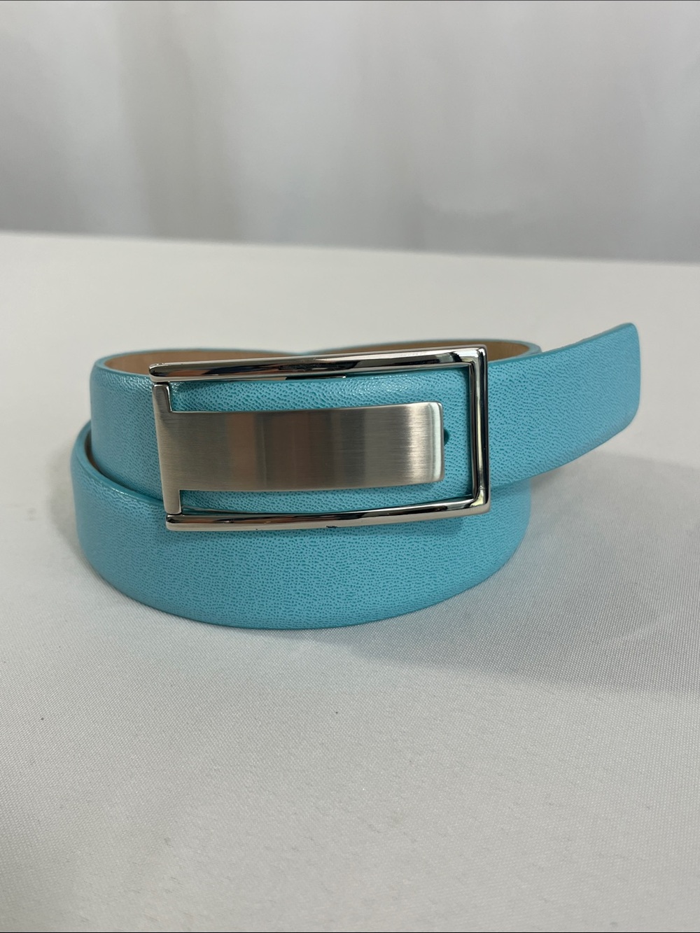 Carlisle Light Blue Leather Belt, Small, Silver Rectangular Buckle Italy